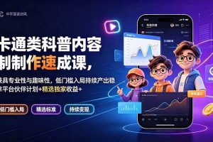 (19234期)卡通类科普内容制作速成课,兼具专业性与趣味性,低门槛入局持续产出稳拿平台伙伴计划+精选独家收益