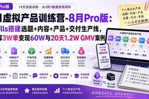 (20137期)AI虚拟产品训练营-8月Pro版-更新:Skills搭建选题+内容+产品+交付生产线,拆解3W单变现60W与20天1.2W GMV案例