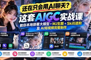 (21135期)【无水印】还在只会用AI聊天?这套AIGC实战课教你本地部署大模型+MJ生图+Skill进阶及AI短视频完整制作