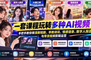 (21271期)【无水印】一套课程玩转多种AI视频!手把手教你做漫剧短剧、早教诗词、情感语录、数字人探店与带货视频剪辑运营